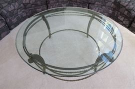 Brass and Glass Coffee Table Cocktail Table with rope detail by Swaim Furniture 44'' Diameter x 17 1/2'' H