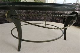Brass and Glass Coffee Table Cocktail Table with rope detail by Swaim Furniture 44'' Diameter x 17 1/2'' H