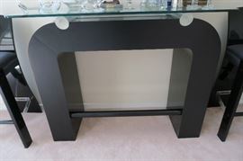 Black Lucite Acrylic Bar Stools 18'' W x 18'' D x 38'' H seat height 28'', Table with glass top also has Lucite acrylic accent 52'' L x 18'' D x 39 1/2'' H