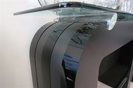 Black Lucite Acrylic Bar Stools 18'' W x 18'' D x 38'' H seat height 28'', Table with glass top also has Lucite acrylic accent 52'' L x 18'' D x 39 1/2'' H