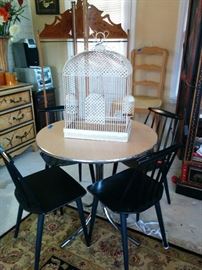 Chrome base table, black chairs, mid-century; birdcage