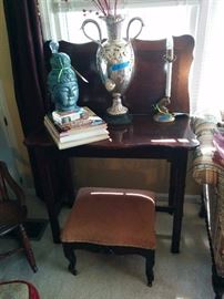 Mahogany card table or breakfast table, hinged center so back can be raised for hall or wall use; accessories; vintage pair of dolphin brass lamps