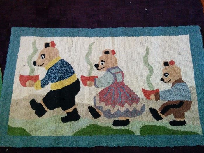 Three Bears depicted in vintage hooked rug