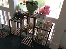 Mission Style Plant Stand - lots of Gardening items, cache pots, urns, florals