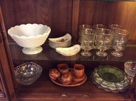 Milk glass pieces, Arby's Christmas Glasses, Ton's of Crystal pieces, egg dishes, Mexican pottery set, bone Dishes