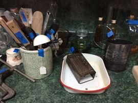 Roseville Crock - enamel pieces - vintage Kitchen items, wooden, stainless