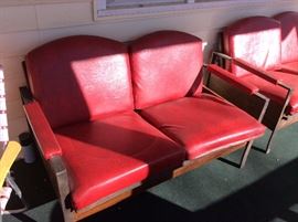 Wonderful pair of sofa and love seat - with vinyl cushions - metal seats. These are just plain fun!