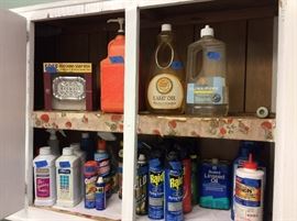 Cleaning supplies, lamp oil, tons of household supplies
