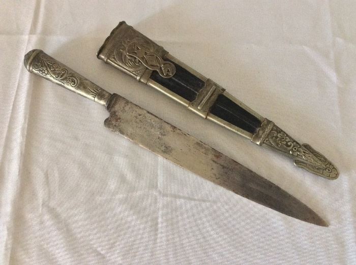 Ornate Gaucho Knife and Sheath. 18" length with sheath. La Movediza, Industria, Argentina. 