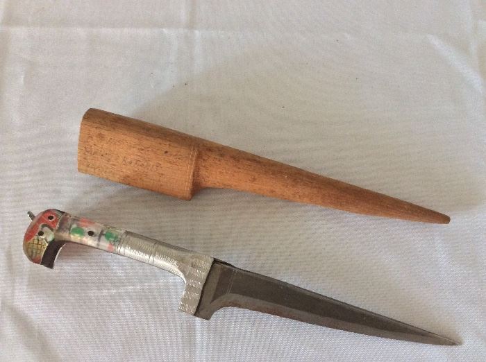 Knife and wood sheath. Knife is 11 1/2" in length. 