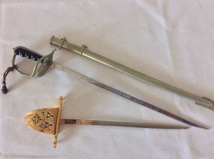 Stainless 10" sword with sheath from N.S. Meyer, New York, Germany. Toledo 7 1/2" sword letter opener. 