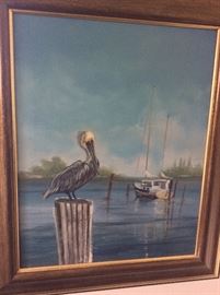 Pelican Waterfront scene by Joyce Schumacher. Frame is 22" x26" 