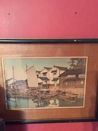 Antique Wood trimmed Asian painting.