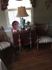 Upholstered cane back upholstered pair of chairs, Victrola cabinet and Asian Lamp and other collectible items in Asian style