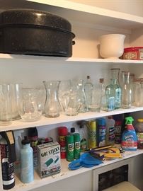 Glass vases, enamel roaster and cleaning items