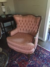 Rose pink upholstered French living room or boudoir chair