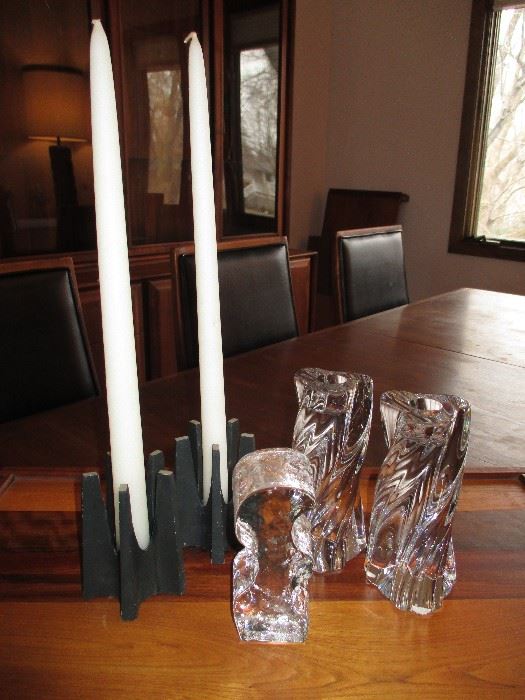 Very cool vintage Random Industries iron candlestick holders, Baccarat Odilon crystal candle holders & a Christer Sjogren for Lindshammar art glass sculpture