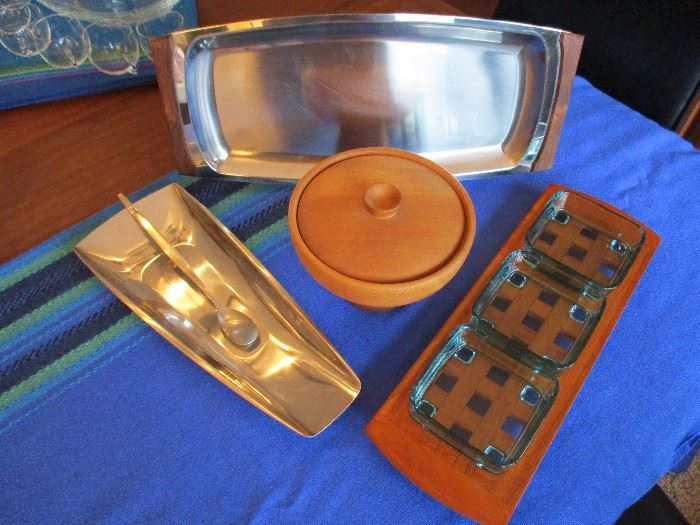 Vintage Lundtofte Denmark wood handle tray, 2 Gense Sweden stainless pieces & Dansk teak tray with blue glass dish inserts
