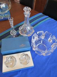 Rare Henning Koppel for Orrefors crystal decanter & a pair of vintage Saint Louis candle holders.  Large 7" Orrefors crystal bowl