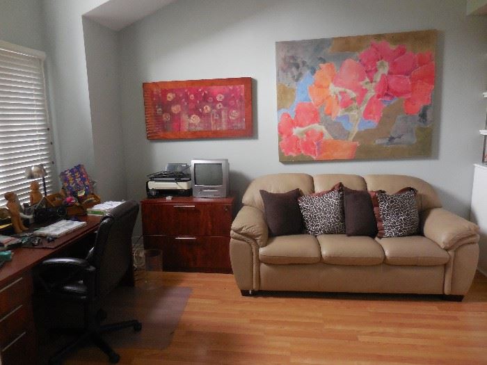 Dania Leather Sofa..has wear..has issues. Acrylic Paintings.Cherry Wood Desk, File Cabinet. Nice leather Desk Chair