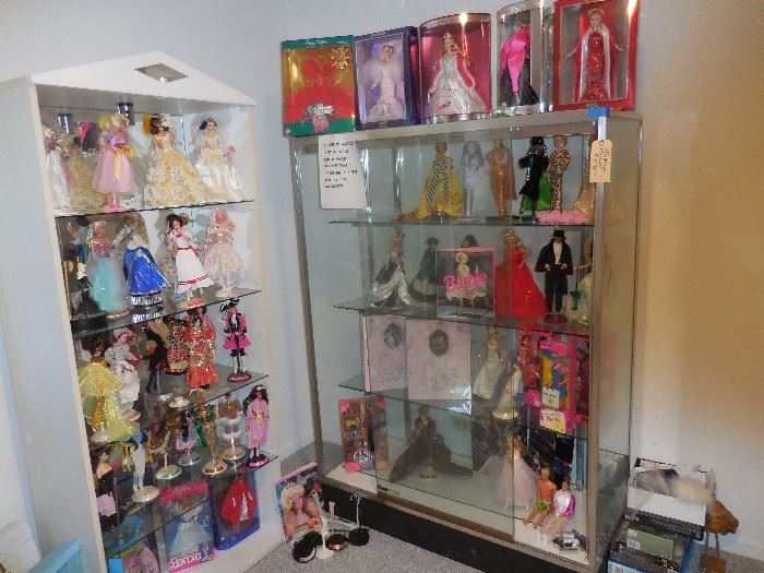 Display Large Cabinet, Glass Shelves. Open Lighted Cabinet, Barbies from around the World. My Fair Lady, Scarlett Ohara , Rhett Butler..Fun Dolls..FUN LOOKING FOR THE BOX!! 