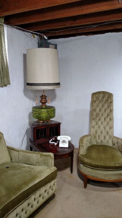 Mid Century Sofa with 2 matching chairs. There are 2 mahogany side tables with leather tops along with matching lamps