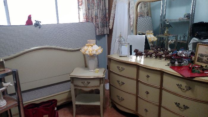Dresser with mirror, side table, full size head and foot boards frame with mattress set