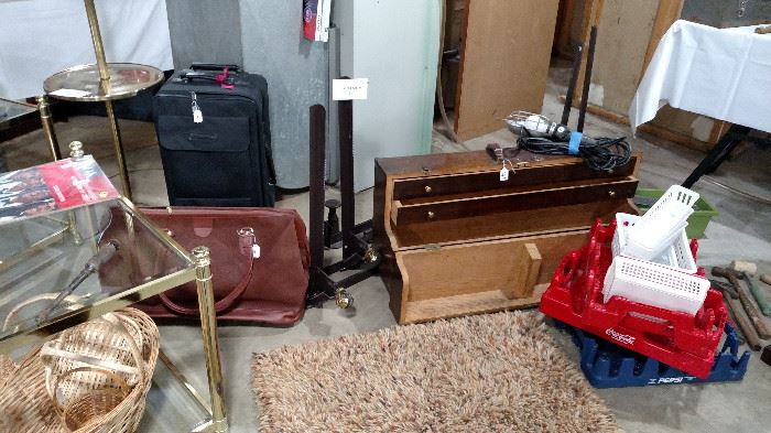 Metal bed frame, luggage wood, handmade tool box, pepsi/coke crates and storage/organizing containers 