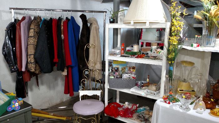 nice coats and jackets, vanity chair and sewing /craft items