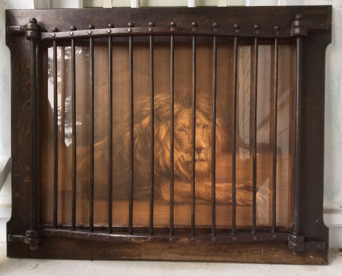 Amazing antique print of lion in oak "cage" frame (35" x 45")