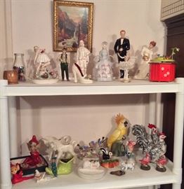 Vintage figurines including elves & pixies, horses, birds & ballerinas, Thorens music box (red base)