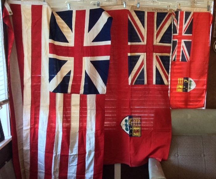 Vintage flags including Union Jack & 2 Canadian Red Ensign flags