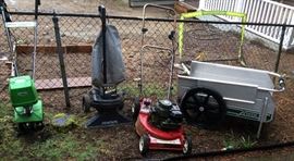 More garden stuff: Mantis electric roti-tiller with thatcher attachment,, Shop Vac "Shop Sweep", Toro 400 Recycler II gas mower with bag, Mantis aluminum garden/utility cart (folds flat-ish for storage)