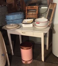 Vintage enamel top table, blue enamel roaster, Red Wing crock lid, antique Brighton No. 110 crank laundry wringer, enamel pans (pink & copper "Beauty Can" trash can is SOLD)