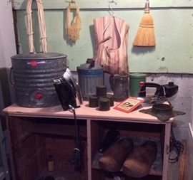 Sears galvanized water jug, old galvanized gas can, 1941 (WW II) L.T. & S. metal pitcher, cans of ration heating fuel, clothespin bag, vintage General Mills Betty Crocker iron with original hang tag, cast iron light fixture base, pair of wooden shoes
