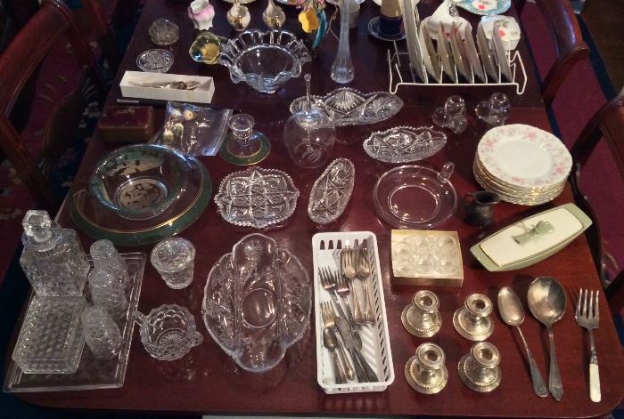 Glass including Fostoria American decanter & 6 cups, cigarette box & rectangular tray, rare Cambridge "Willow" console bowl & candlestick, silverplate flatware, sterling candlesticks, green & white Lenox relish dish with lid, assorted cut & pressed glass bowls