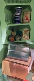 Vintage coffee cans & recipe booklets (chrome foil dispenser & bread box are SOLD)