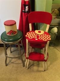Cosco round green stool & Cosco red & white step stool - with cute tin & doilies