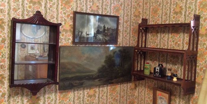 Asian motif shelf with mirrored back, vintage print, primitive painting & 3 tier shelf with scroll work (can hang or sit)
