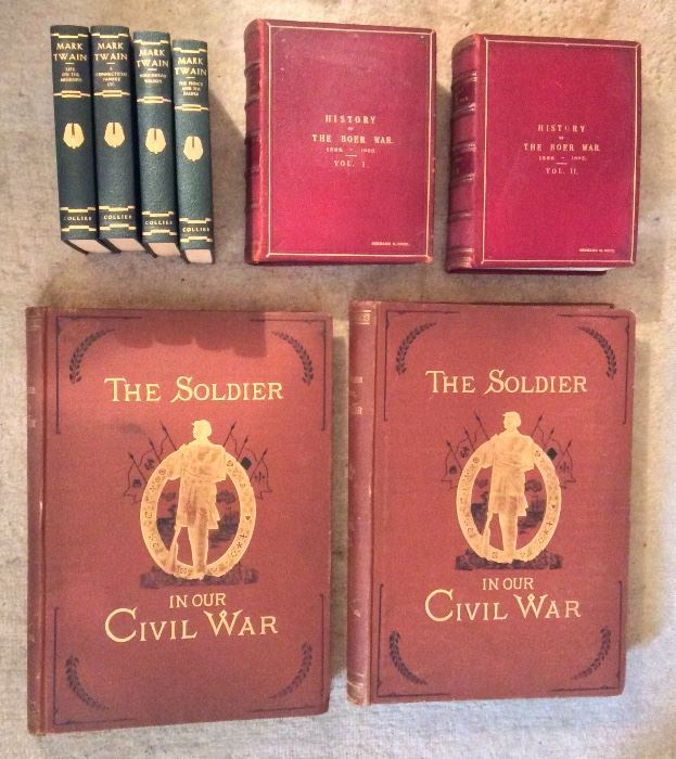 Some of the older books:  Mark Twain volumes by Collier (1917), 2 volume set "History of the Boer War" (1902, Cassell & Co.), 2 volume set "The Soldier in our Civil War" (1886, G.W. Carleton & Co.)