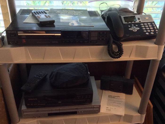 Sony CD player CDP-302 with remote, Magnavox DVD player, Sony DVD/VCR combo SLV-D271P, AT&T 2-line phone system