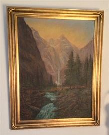 1929 waterfall painting, oil on board, framed size 22" x 28".