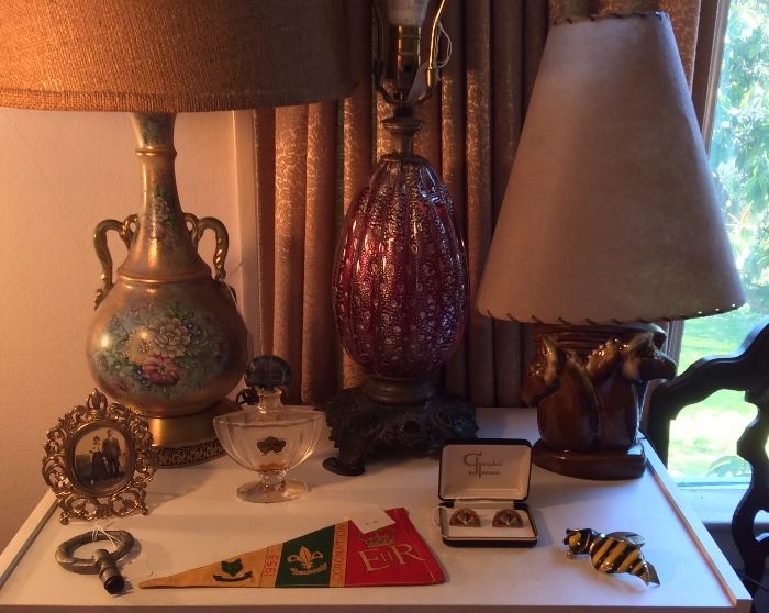 Hand painted ceramic, Shalimar bottle, 1953 Queen Elizabeth coronation/Boy Scout pennant, bumblebee bottle opener  (Murano glass lamp, horse head lamp & NBC peacock cufflinks are SOLD)