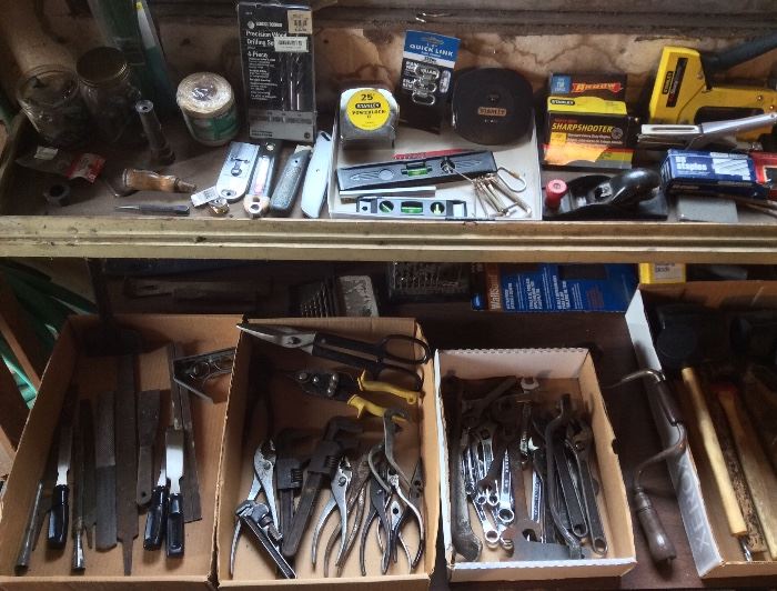 Hand tools including files, pliers, wrenches, brace, levels, tape measures & more