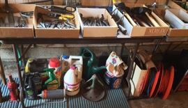 Garden stuff including fertilizer, watering can & sprinklers, also extension cords 