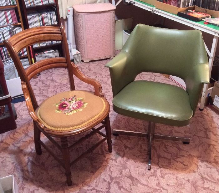 Thonet green vinyl & chrome swivel chair (Needlepoint chair & pink hamper are SOLD)