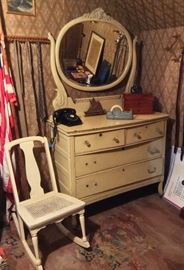 Painted rocker with cane seat, old painted dresser with oval mirror, Syroco duck tie rack 
