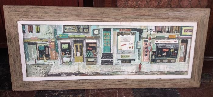 1957 New York City street scene painting of storefronts by Margaret Layton, gouache (?) on board, 15" x 36" overall