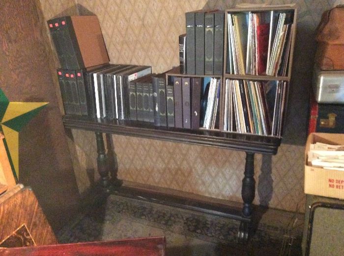 Old trestle table (5 ft. long) And records - 33, 45 & 78 rpm. A mix of genres: classical, Scottish dance music, marches, Shakespeare Recording Society sets + a few unexpected rarities