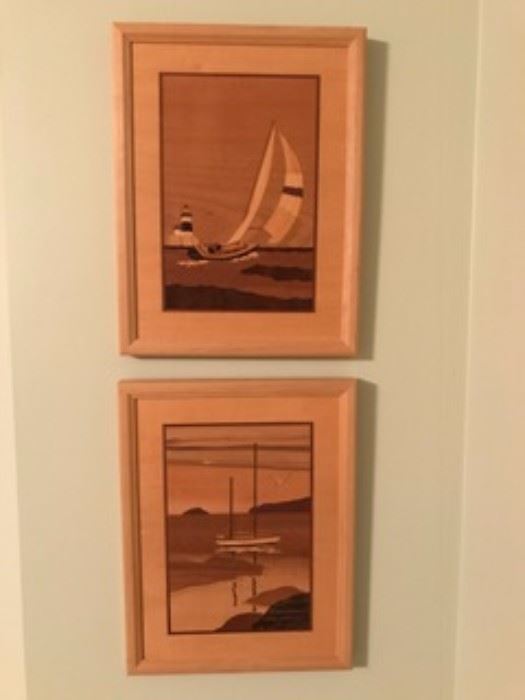 Hudson River Inlay Wooden Marquetry by Jeff Nelson "Boat on the Water"&"Spinnaker Point"